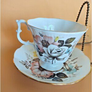 Royal Albert Footed Teacup And Saucer Set Pastel Roses And Nasturtiums - England